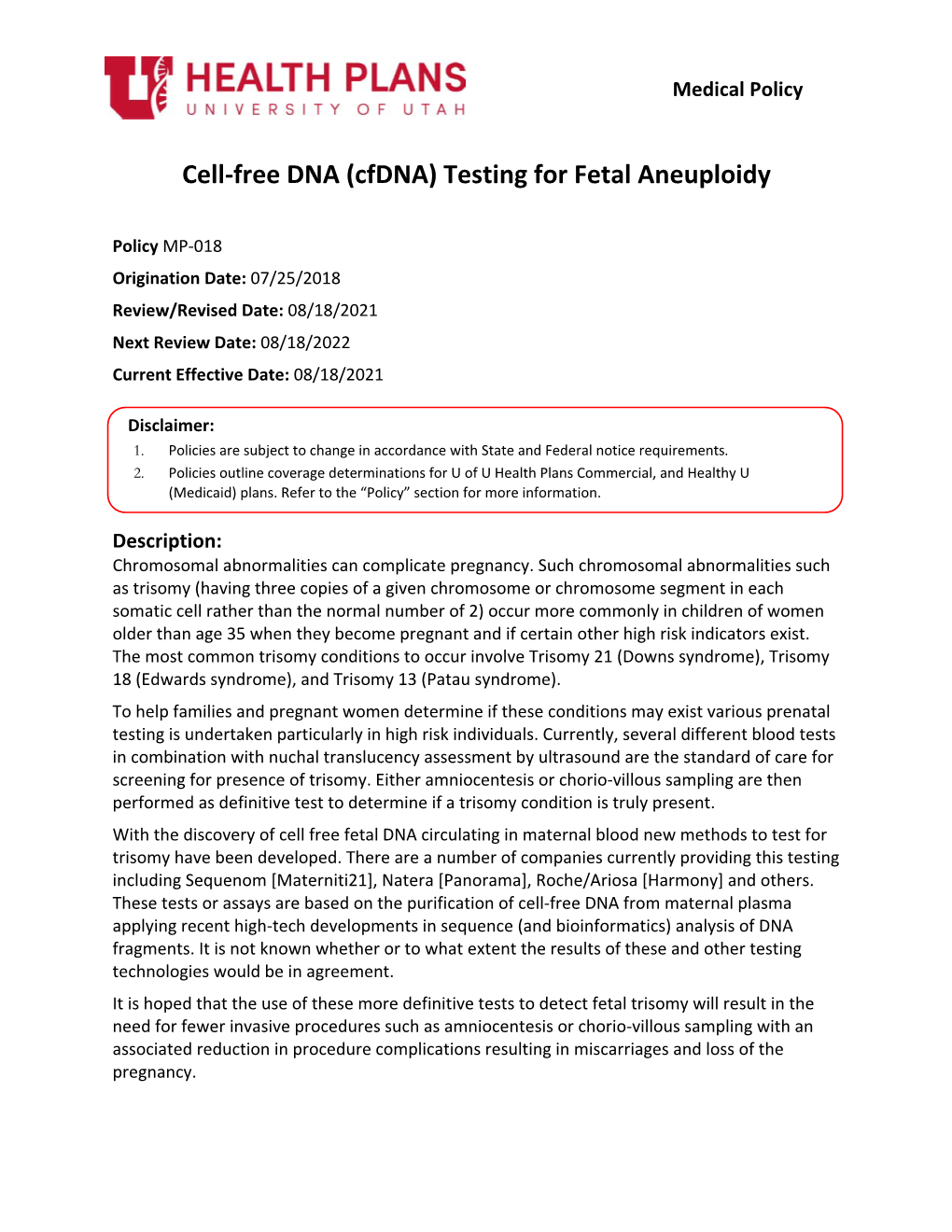 Cell-Free DNA (Cfdna) Testing for Fetal Aneuploidy