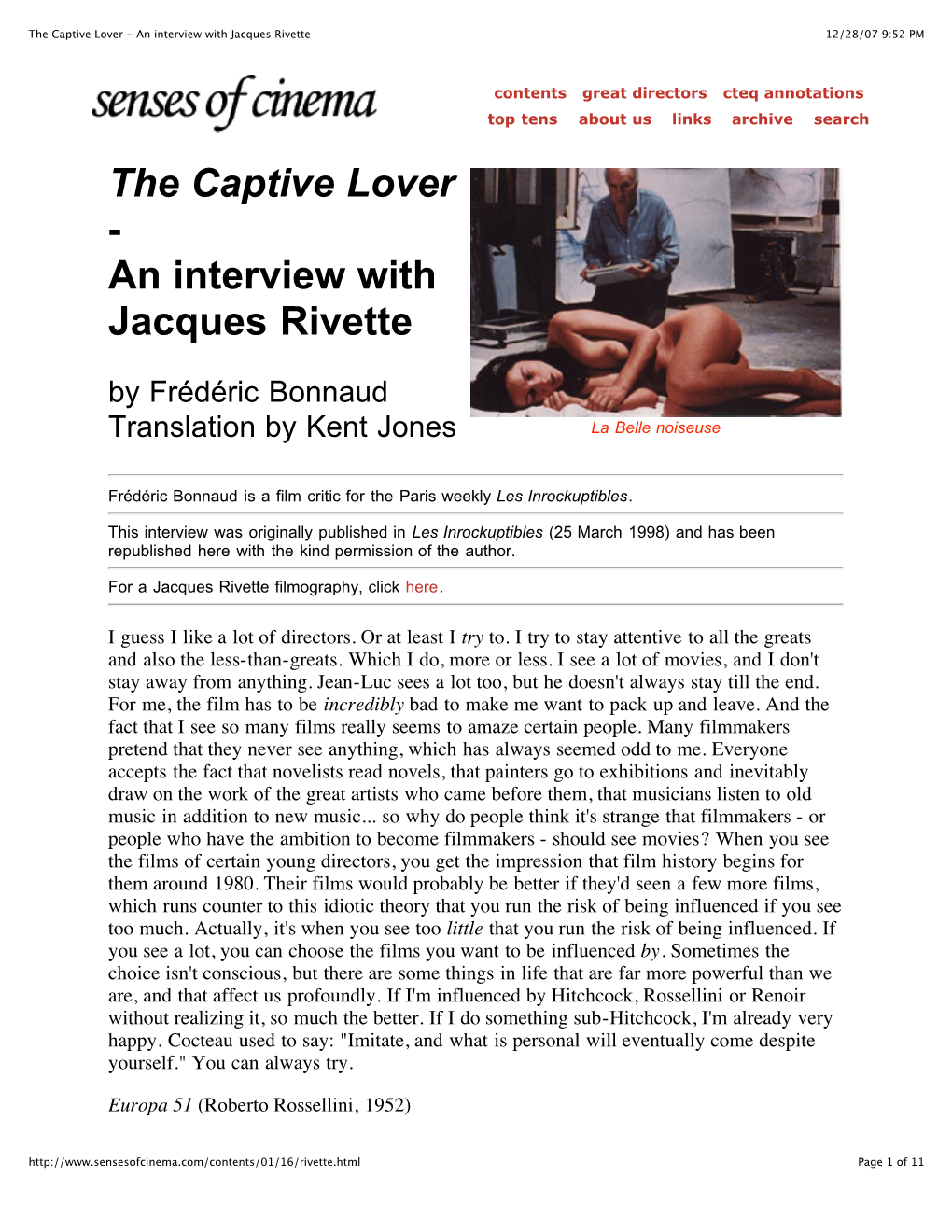 The Captive Lover - an Interview with Jacques Rivette 12/28/07 9:52 PM