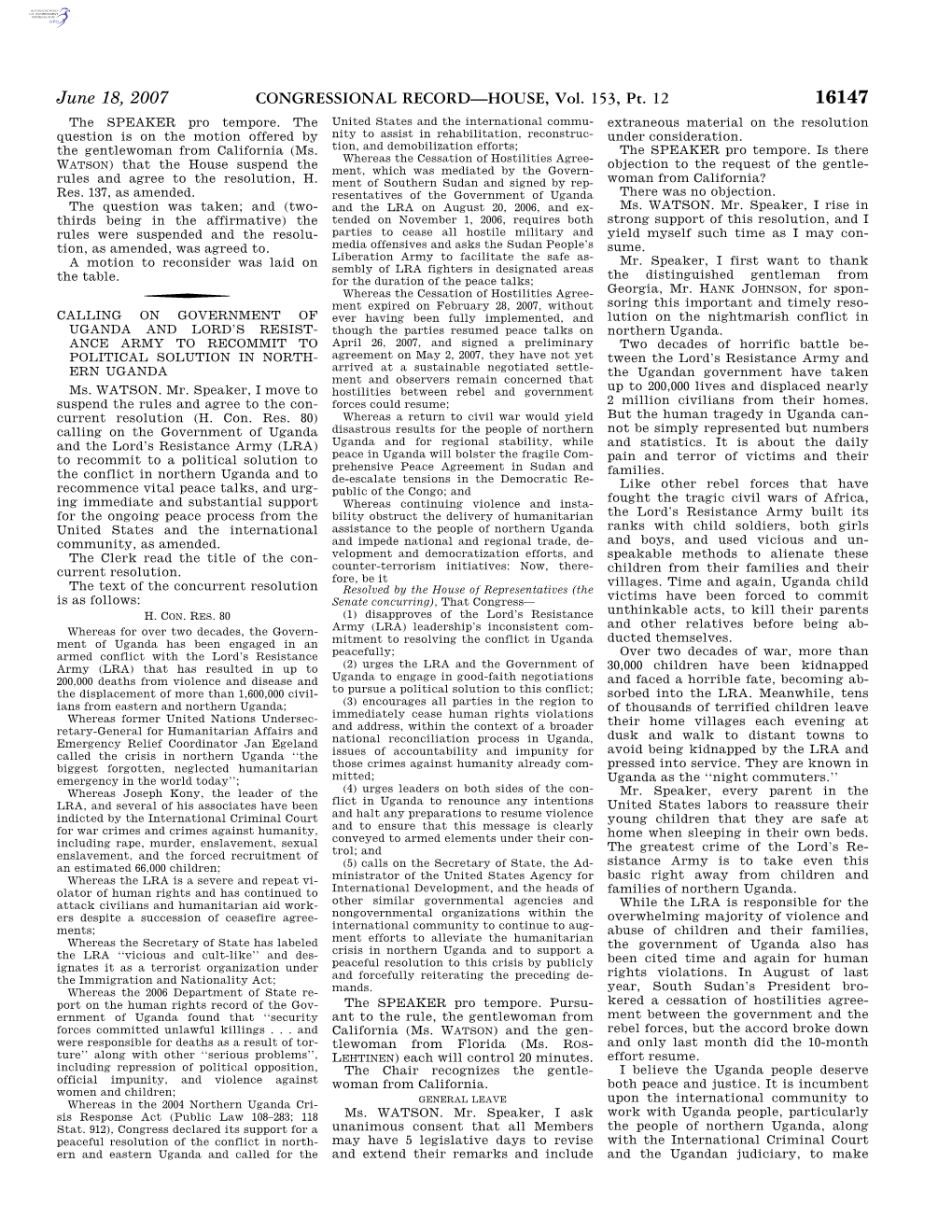 CONGRESSIONAL RECORD—HOUSE, Vol. 153, Pt. 12 June 18