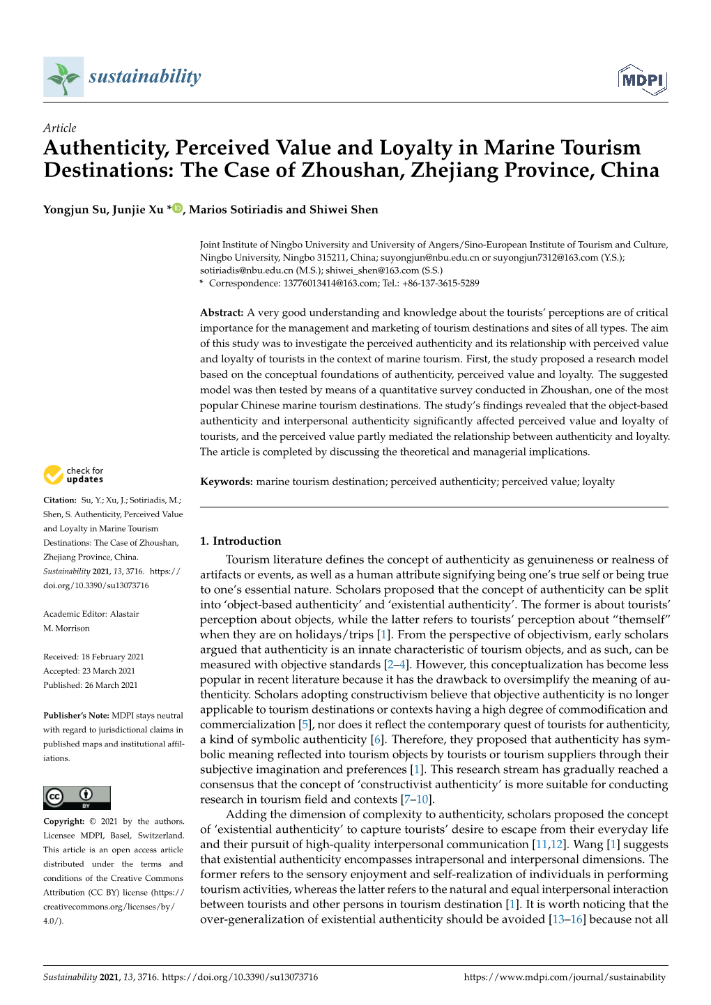 Authenticity, Perceived Value and Loyalty in Marine Tourism Destinations: the Case of Zhoushan, Zhejiang Province, China