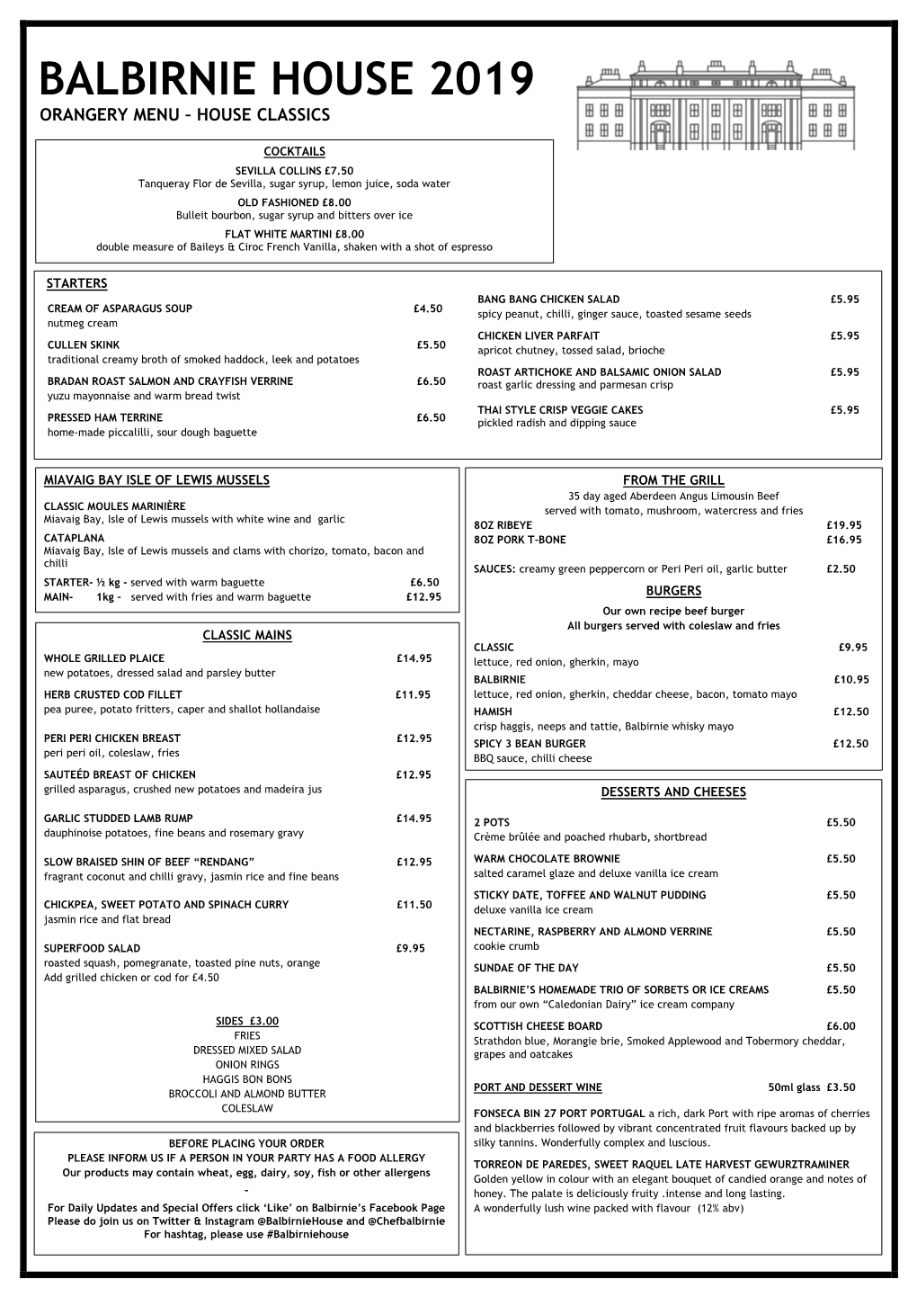 Balbirnie House 2019 Orangery Menu – House Classics