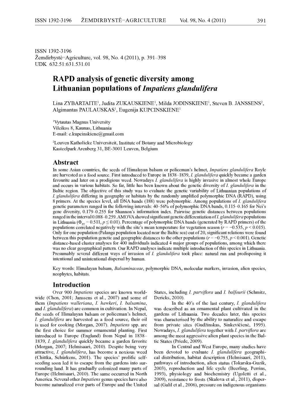 RAPD Analysis of Genetic Diversity Among Lithuanian Populations of Impatiens Glandulifera