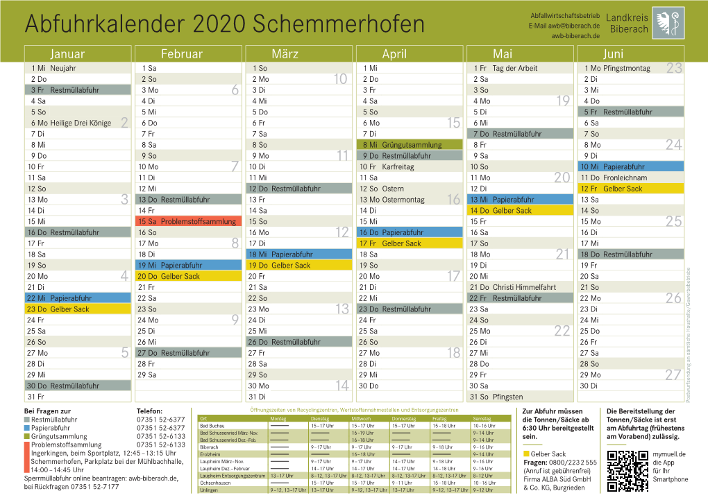 Abfuhrkalender 2020 Schemmerhofen