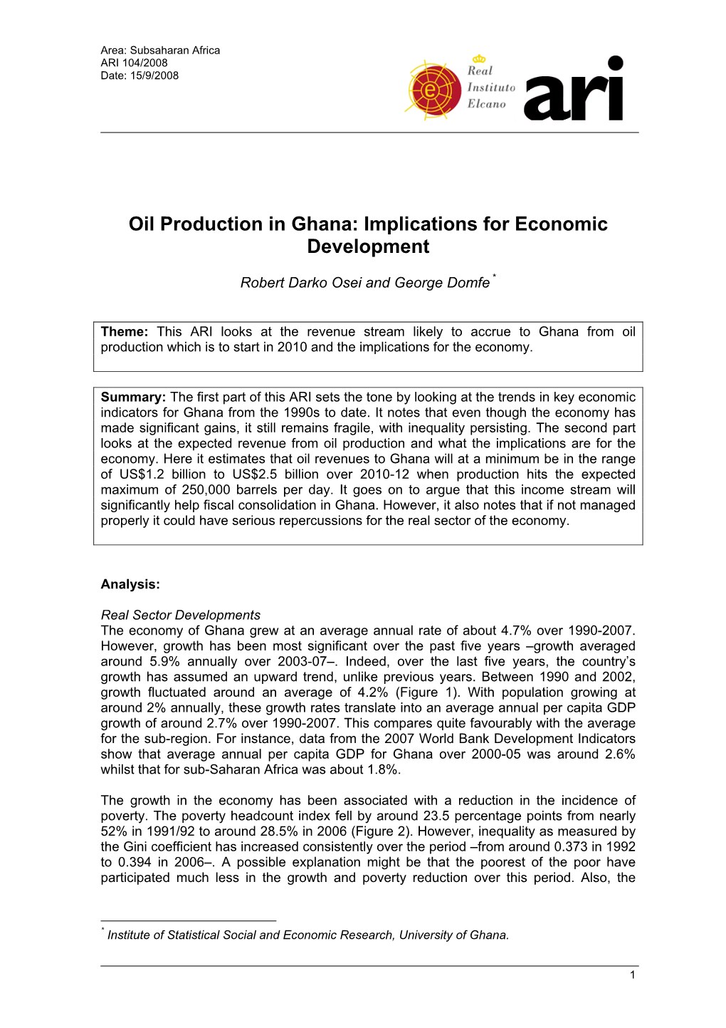 Oil Production in Ghana: Implications for Economic Development