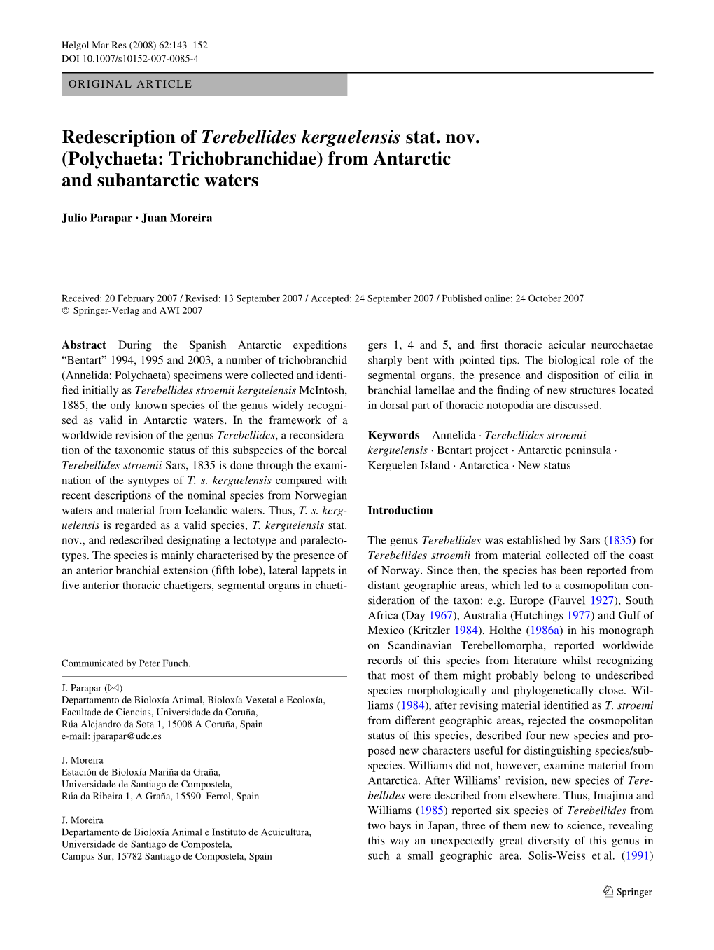 Redescription of Terebellides Kerguelensis Stat. Nov. (Polychaeta: Trichobranchidae) from Antarctic and Subantarctic Waters