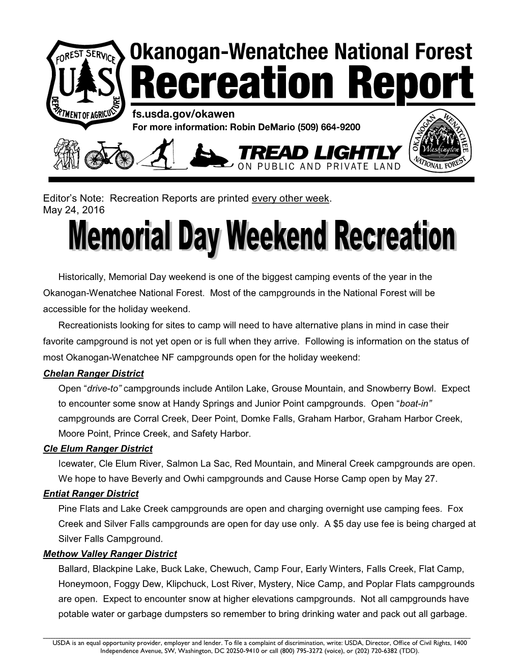 Recreation Reports Are Printed Every Week Through Memorial