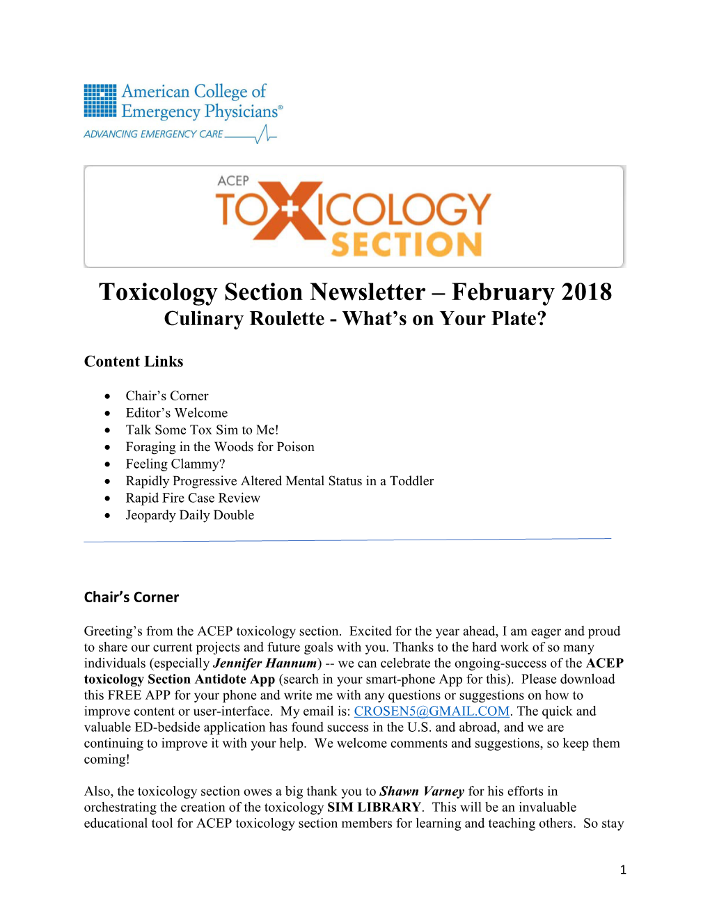 Toxicology Section Newsletter – February 2018 Culinary Roulette - What’S on Your Plate?