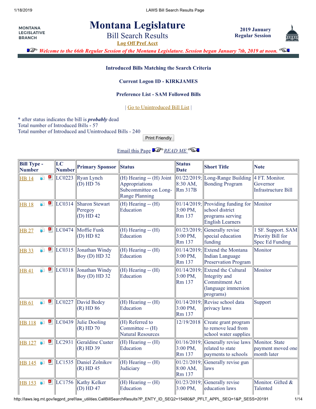 Montana Legislature 2019 January Bill Search Results Regular Session