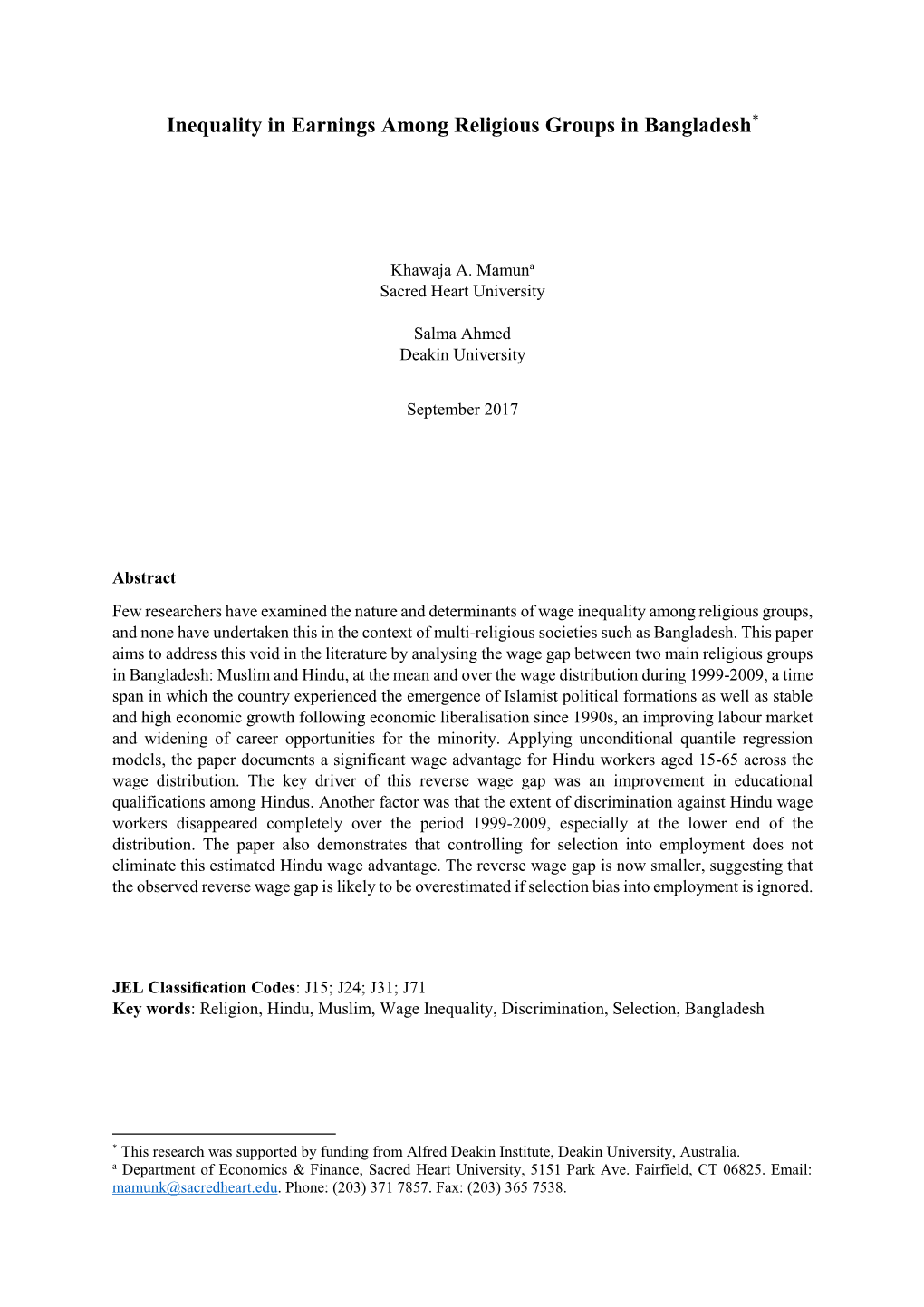 Inequality in Earnings Among Religious Groups in Bangladesh*