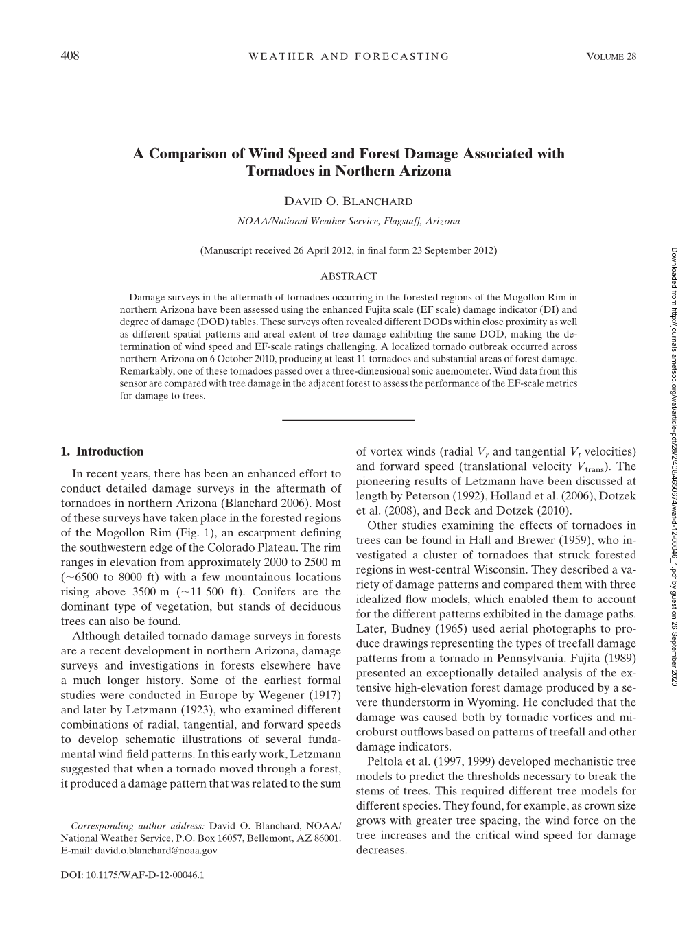 A Comparison of Wind Speed and Forest Damage Associated with Tornadoes in Northern Arizona