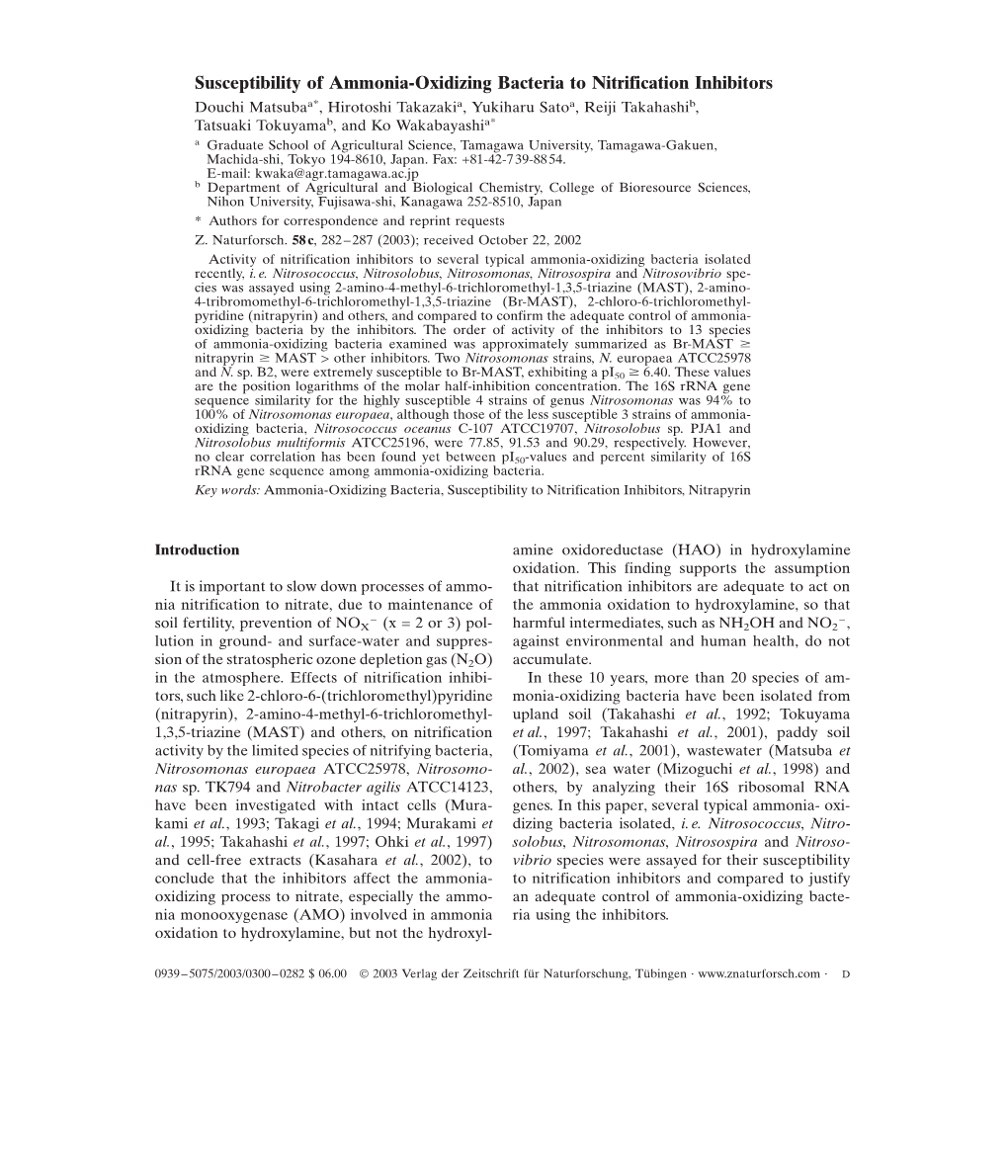 Susceptibility of Ammonia-Oxidizing Bacteria to Nitrification Inhibitors