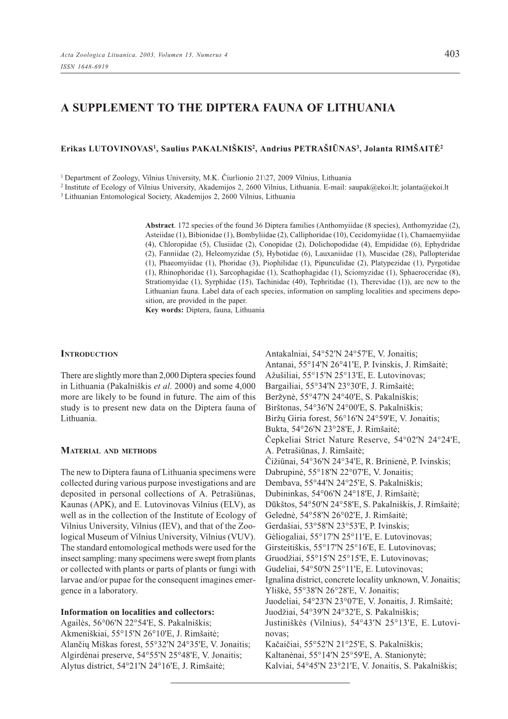 A Supplement to the Diptera Fauna of Lithuania