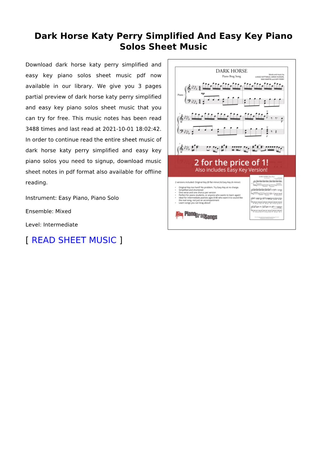 Dark Horse Katy Perry Simplified and Easy Key Piano Solos Sheet Music