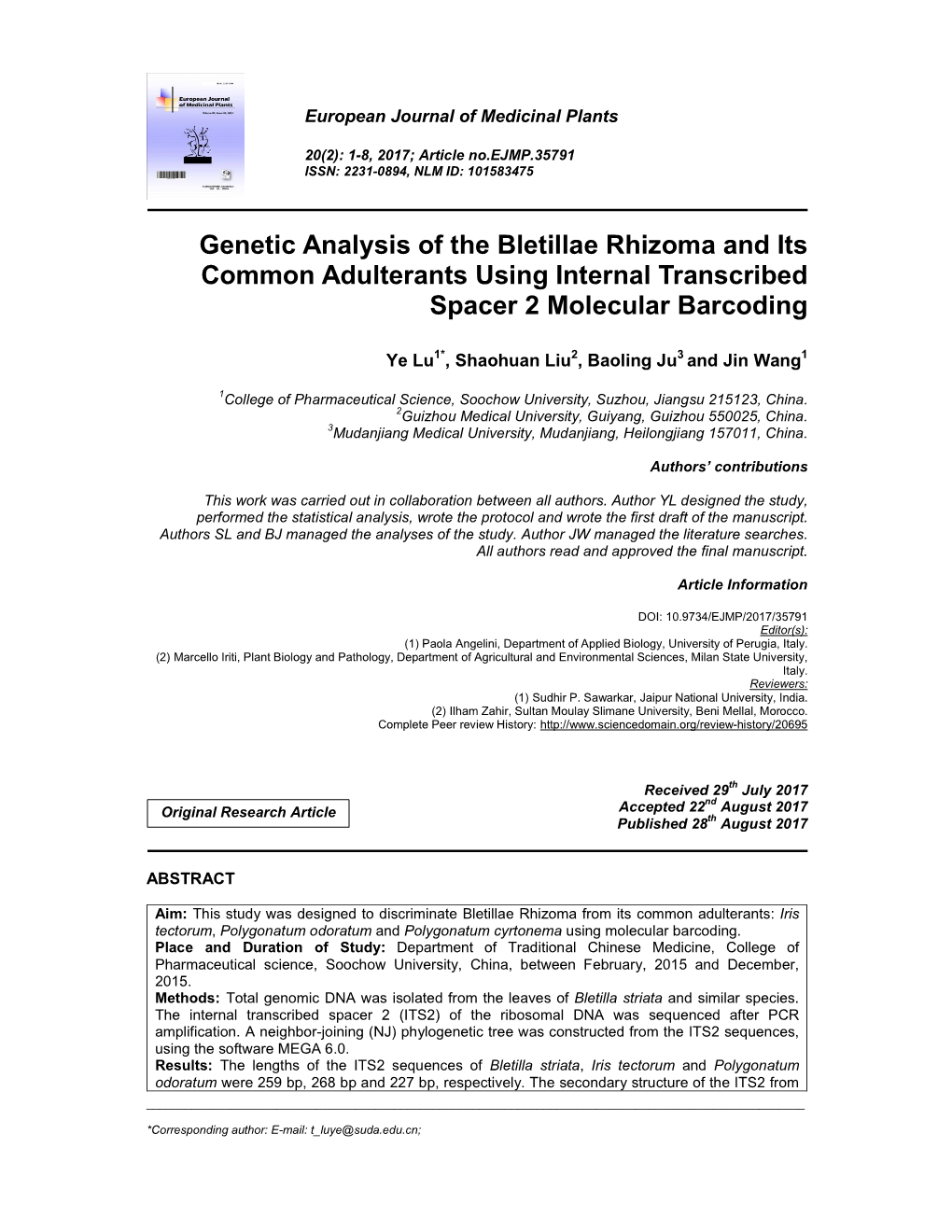 Genetic Analysis of the Bletillae Rhizoma and Its Common Adulterants Using Internal Transcribed Spacer 2 Molecular Barcoding