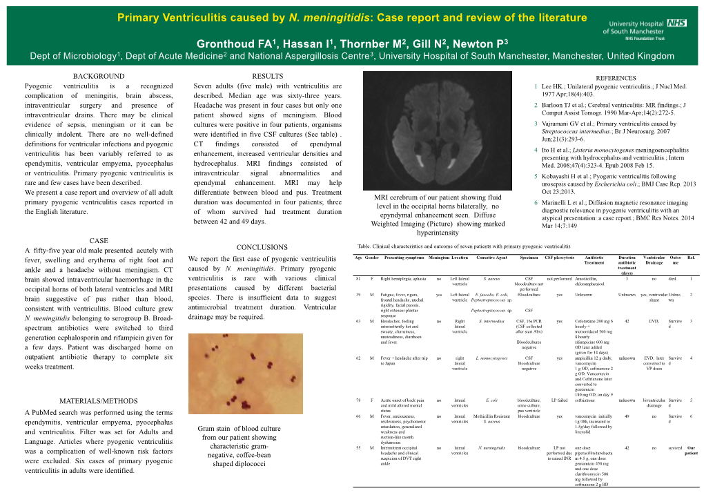 Primary Ventriculitis Caused by N. Meningitidis: Case Report and Review of the Literature