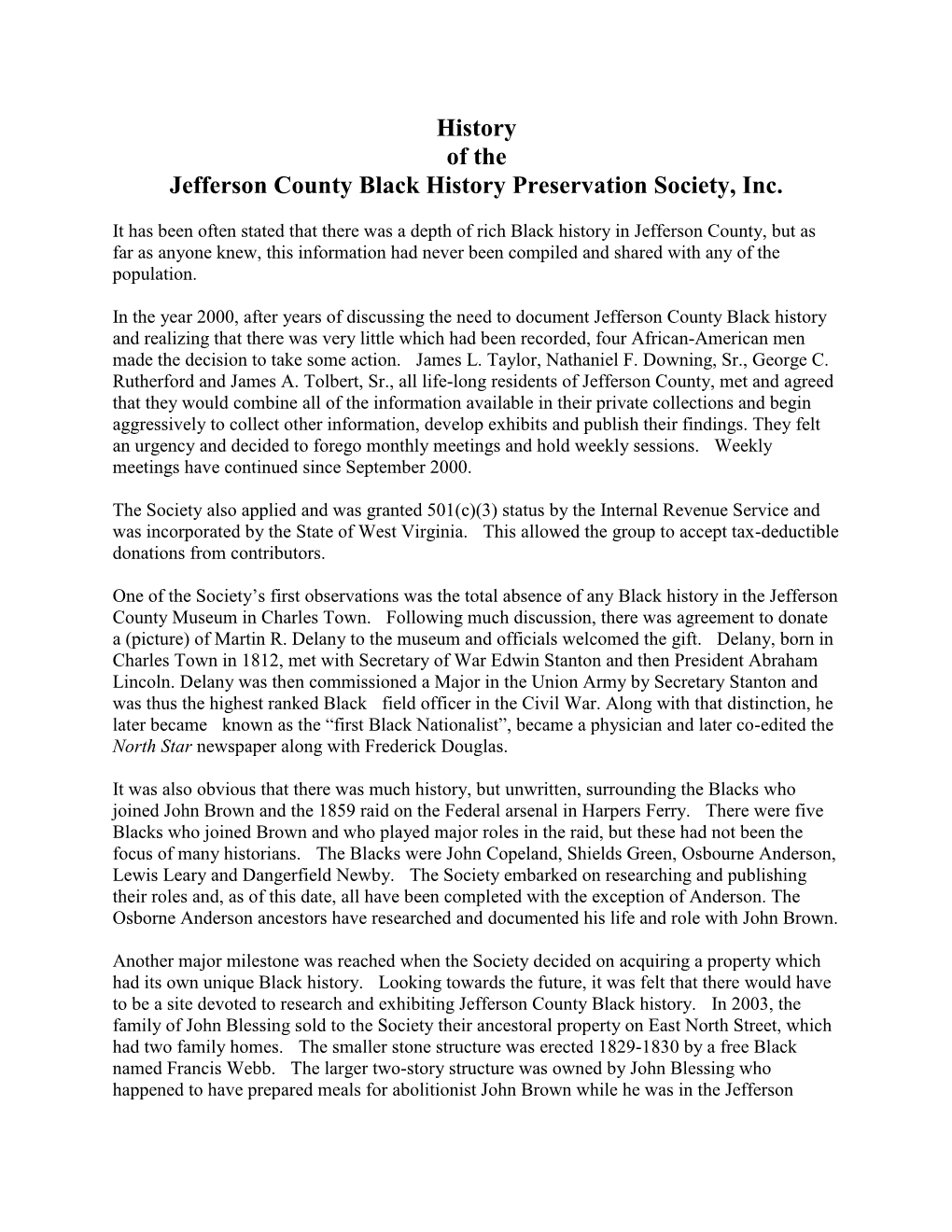 History of the Jefferson County Black History Preservation Society, Inc