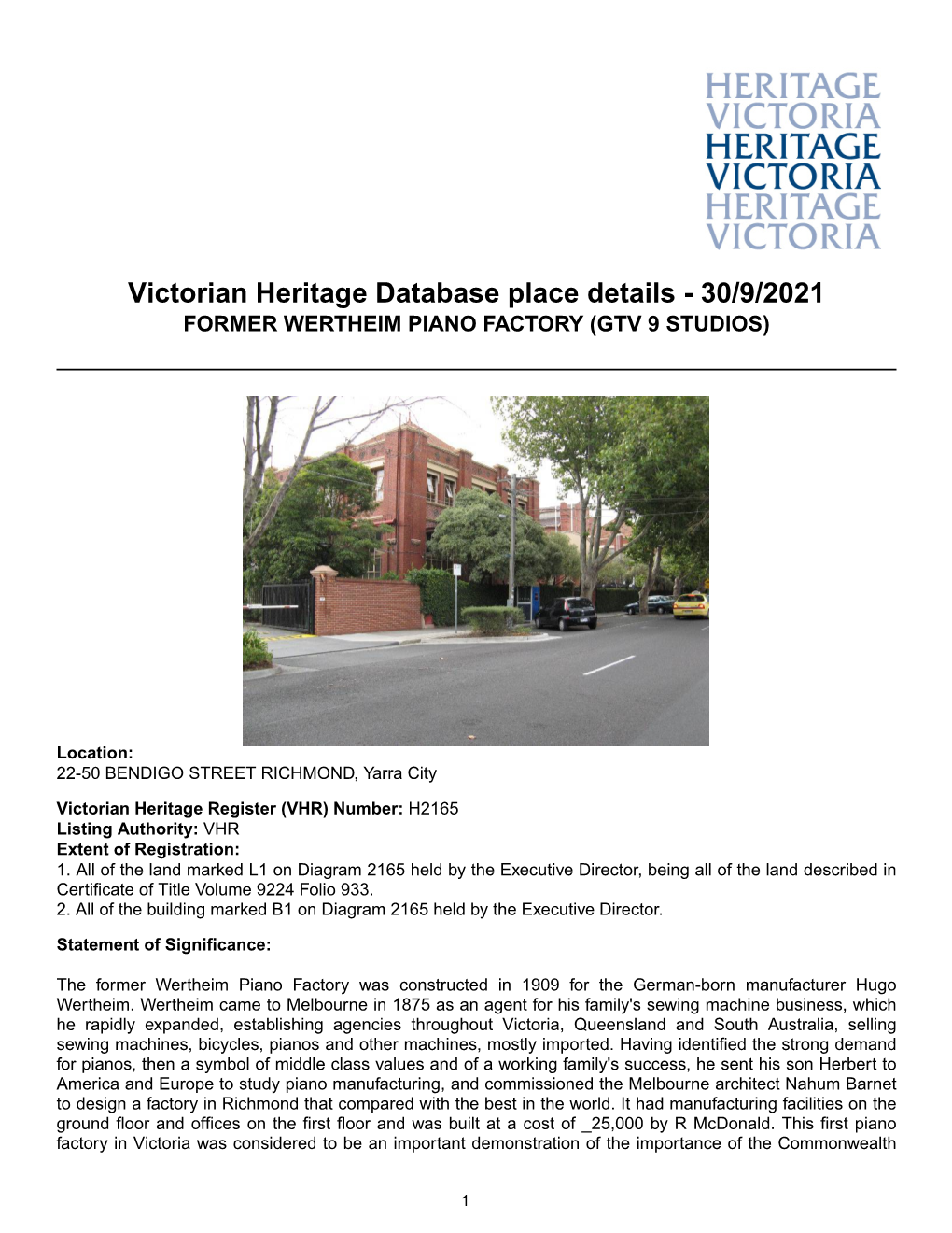 Victorian Heritage Database Place Details - 30/9/2021 FORMER WERTHEIM PIANO FACTORY (GTV 9 STUDIOS)