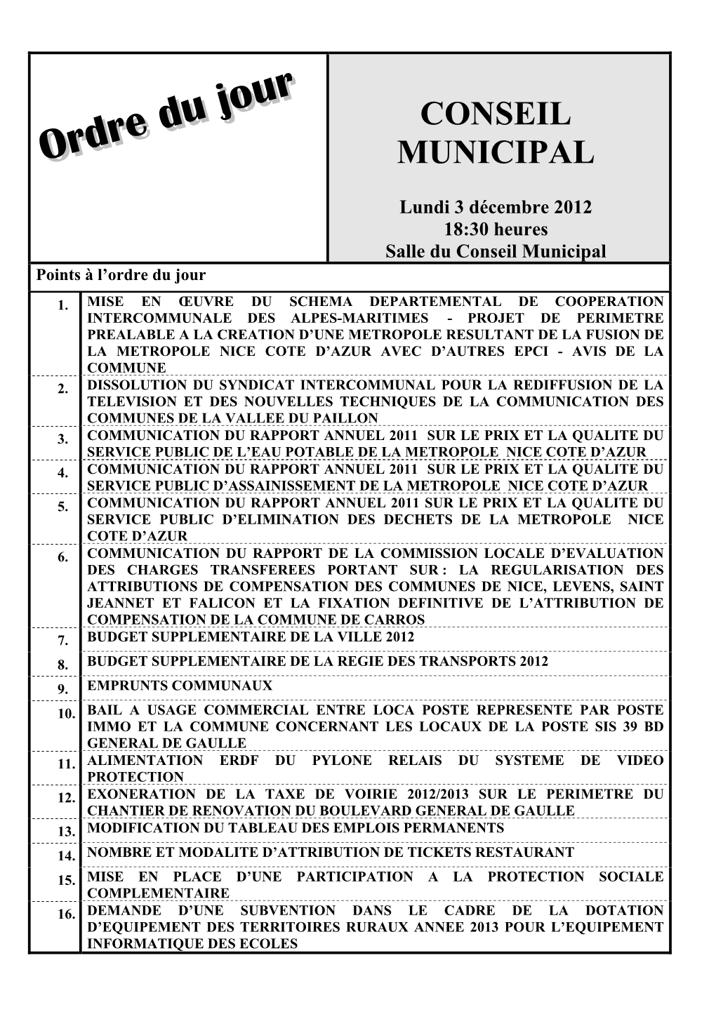 Conseil Municipal Points À L’Ordre Du Jour