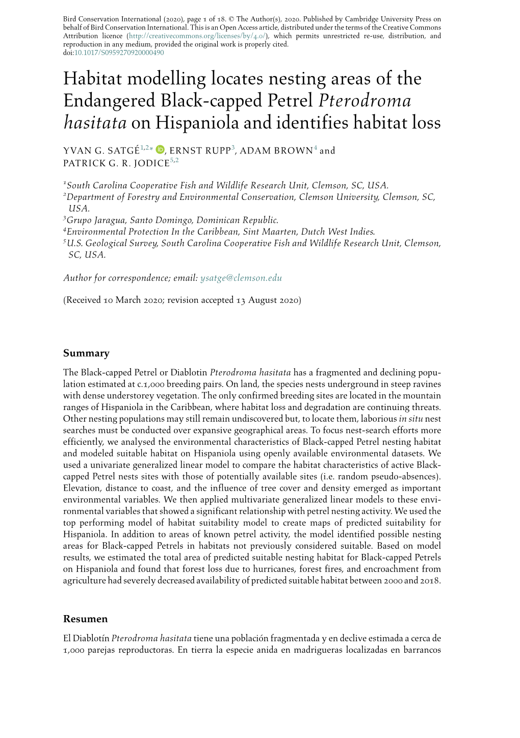 Habitat Modelling Locates Nesting Areas of the Endangered Black-Capped Petrel Pterodroma Hasitata on Hispaniola and Identifies Habitat Loss