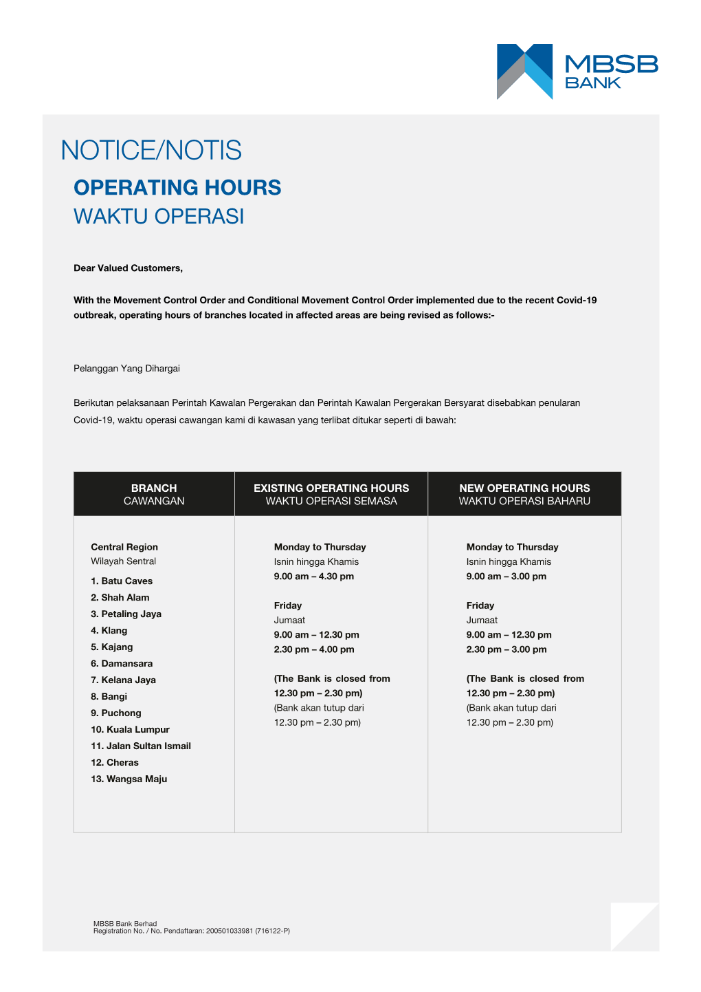Operating Hours Waktu Operasi