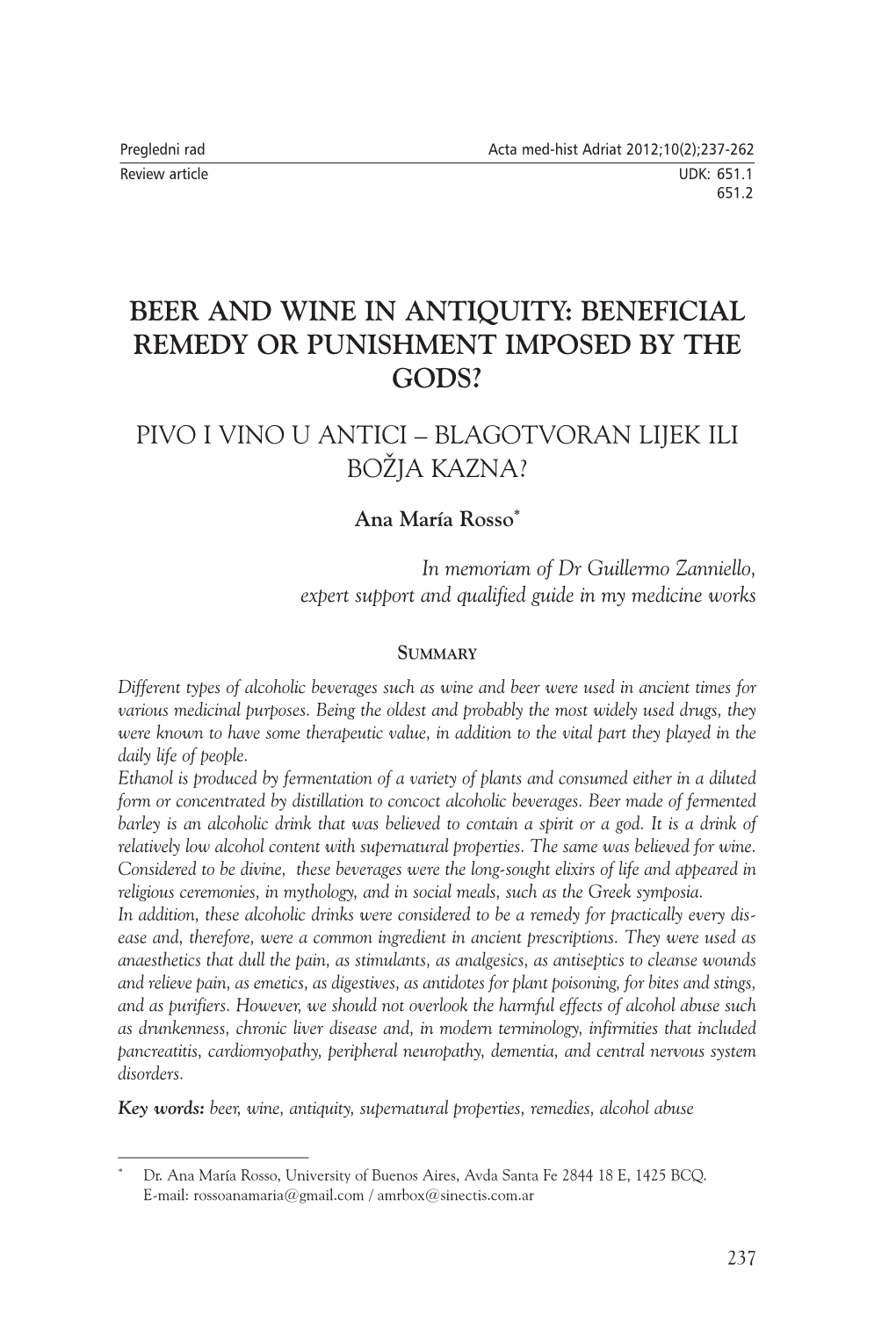 Beer and Wine in Antiquity: Beneficial Remedy Or Punishment Imposed by the Gods?