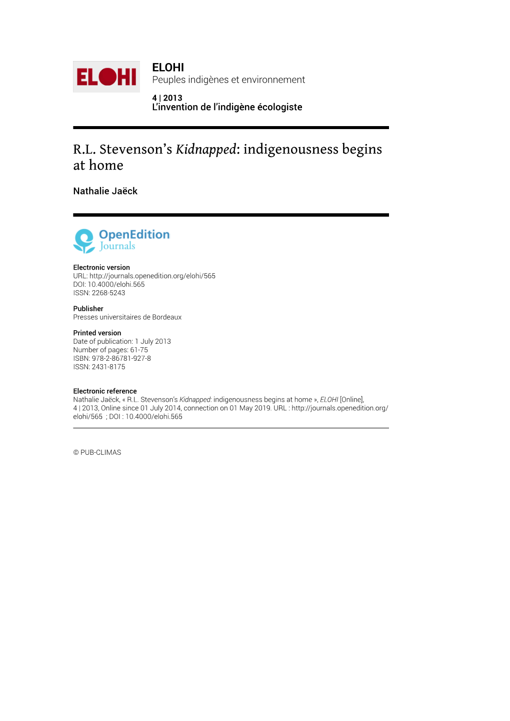 R.L. Stevenson's Kidnapped: Indigenousness Begins at Home