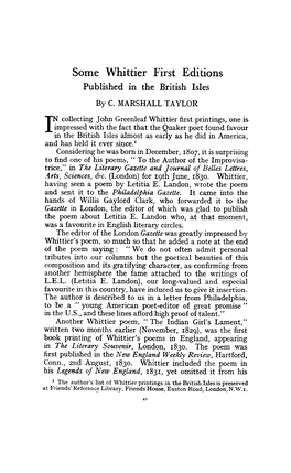 Whittier's Poems in England, Appearing in the Literary Souvenir, London, 1830