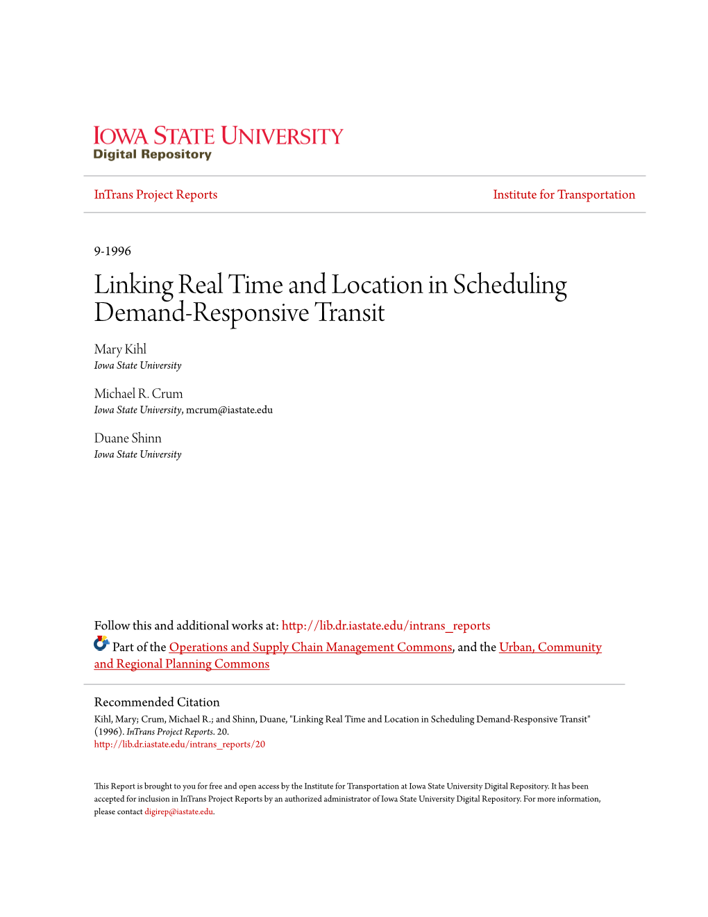 Linking Real Time and Location in Scheduling Demand-Responsive Transit Mary Kihl Iowa State University