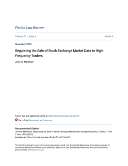 Regulating the Sale of Stock Exchange Market Data to High- Frequency Traders