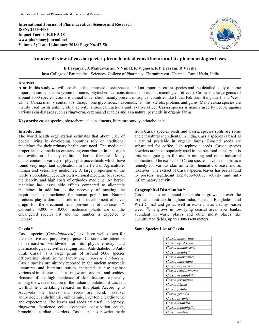 An Overall View of Cassia Species Phytochemical Constituents and Its Pharmacological Uses