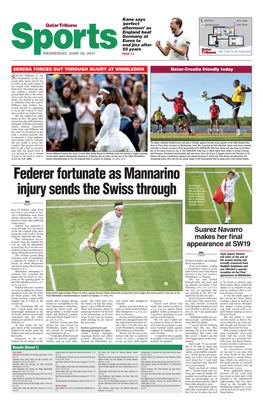 Federer Fortunate As Mannarino Injury Sends the Swiss Through