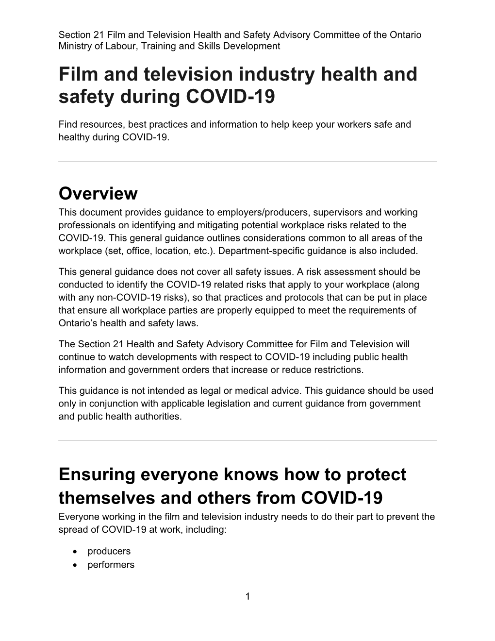 Film and Television Industry Health and Safety During COVID-19