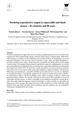 Review Declining Reproductive Output in Capercaillie and Black Grouse – 16 Countries and 80 Years