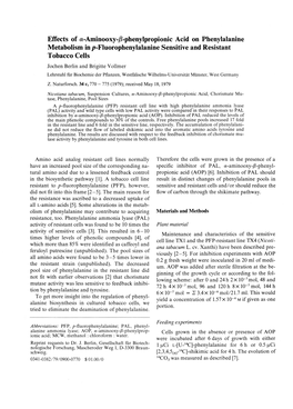 Effects of A-Aminooxy-ß-Phenylpropionic Acid on Phenylalanine Metabolism in /R-Fluorophenylalanine Sensitive and Resistant Toba