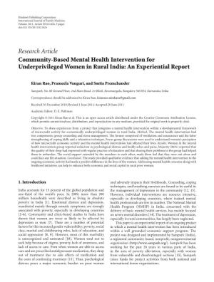 Community-Based Mental Health Intervention for Underprivileged Women in Rural India: an Experiential Report