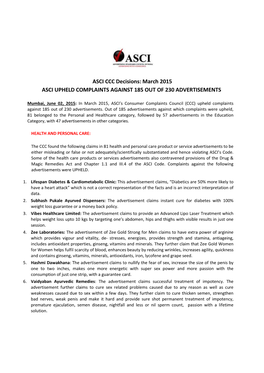 March 2015 ASCI UPHELD COMPLAINTS AGAINST 185 out of 230 ADVERTISEMENTS