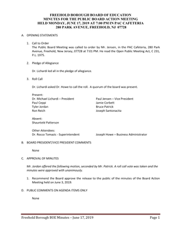 Freehold Borough BOE Minutes – June 17, 2019 Page 1