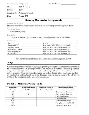 Naming Molecular Compounds General Instructions: Please Do the Activities for Each Day As Indicated
