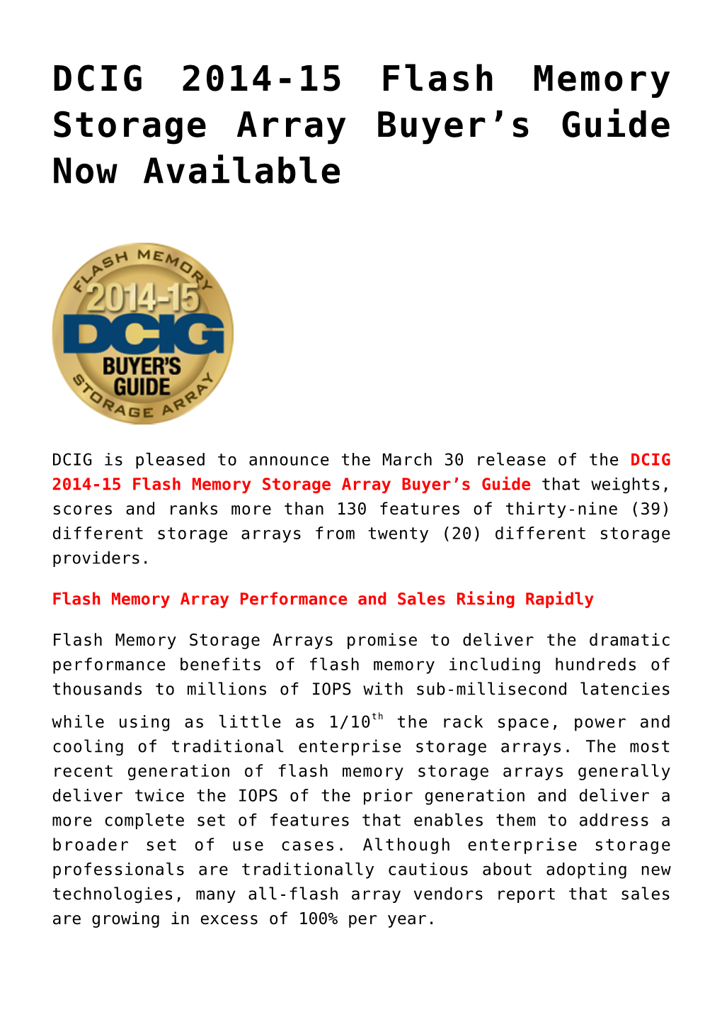 DCIG 2014-15 Flash Memory Storage Array Buyer's Guide Now