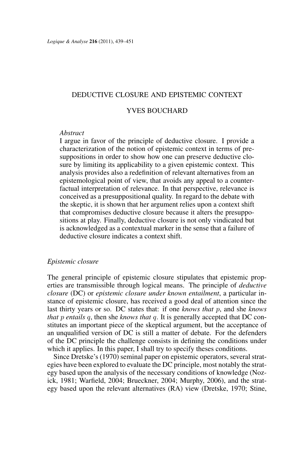 Page 439 DEDUCTIVE CLOSURE and EPISTEMIC CONTEXT YVES