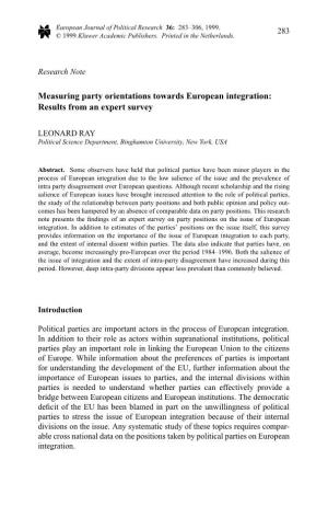 Measuring Party Orientations Towards European Integration: Results from an Expert Survey