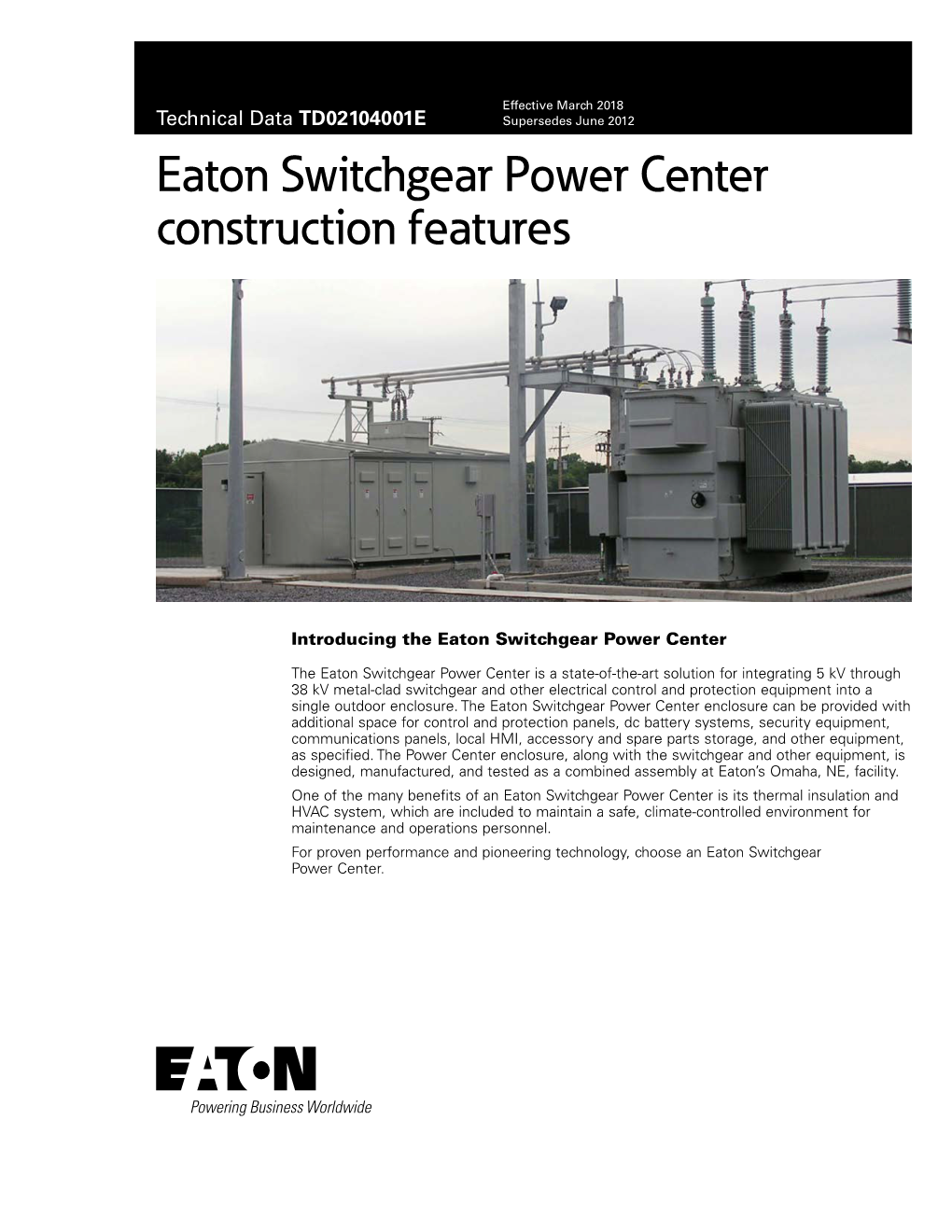 Eaton Switchgear Power Center Construction Features