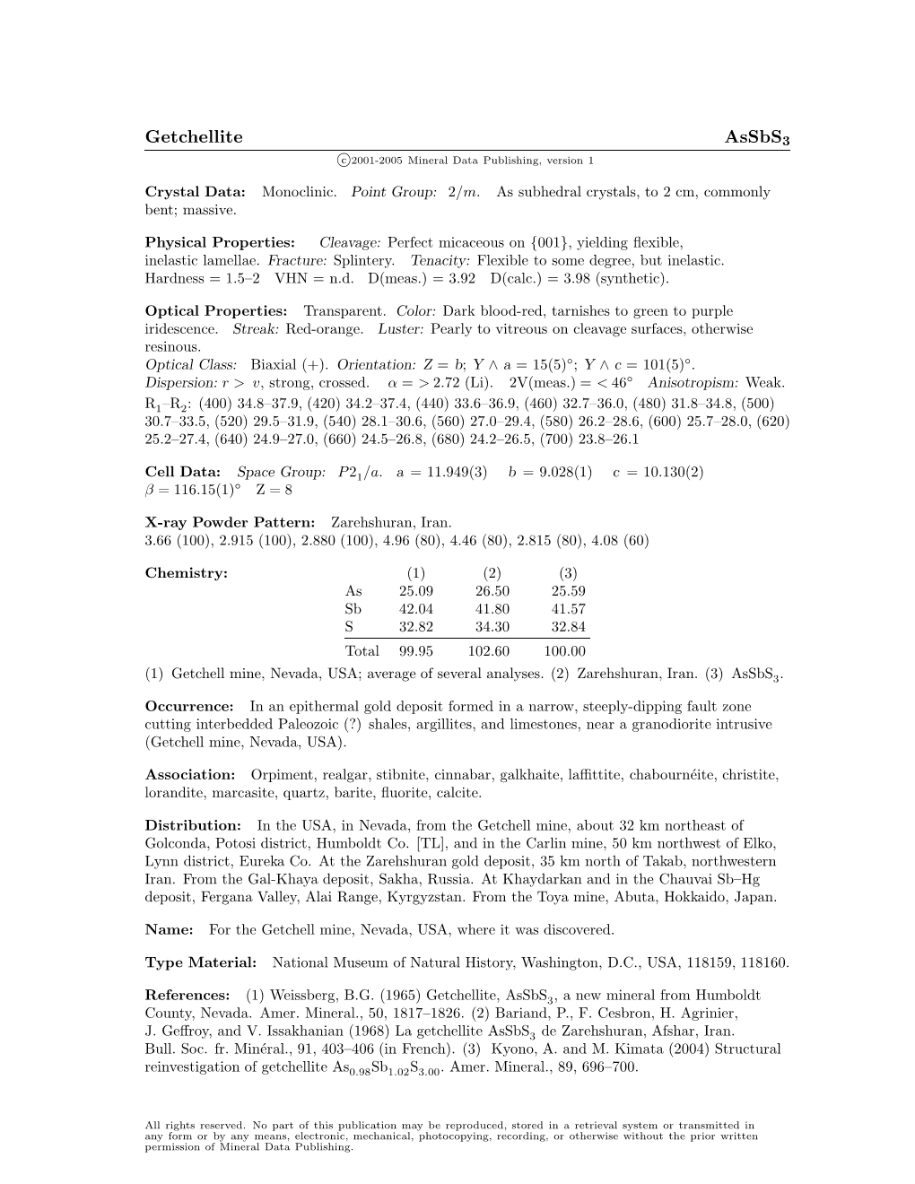 Getchellite Assbs3 C 2001-2005 Mineral Data Publishing, Version 1