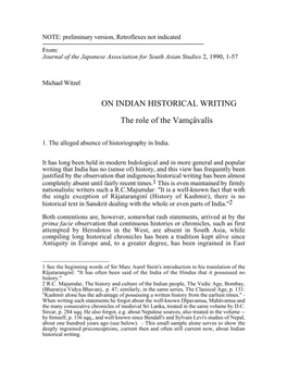 ON INDIAN HISTORICAL WRITING the Role of the Vamēāvalīs