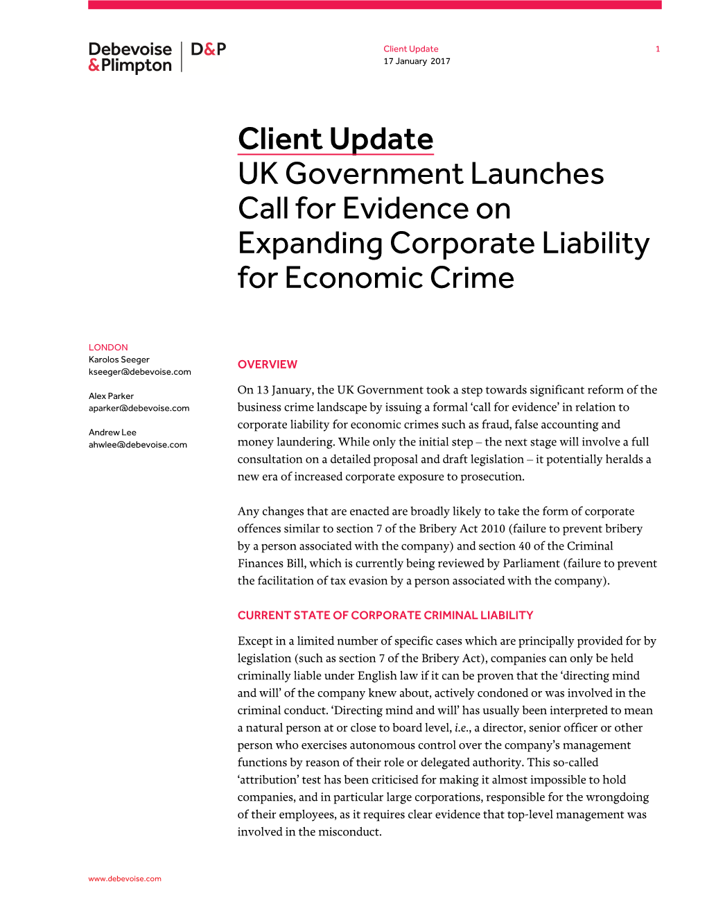 Client Update UK Government Launches Call for Evidence on Expanding Corporate Liability for Economic Crime