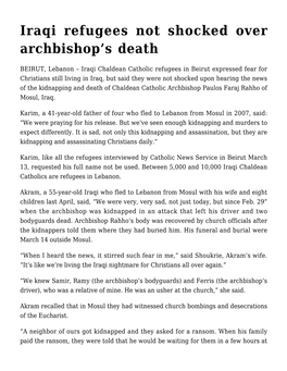 Iraqi Refugees Not Shocked Over Archbishop's Death