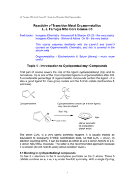 Reactivity of Transition Metal Organometallics L. J. Farrugia Msc