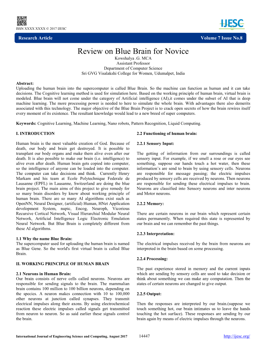 Review on Blue Brain for Novice Kowshalya .G