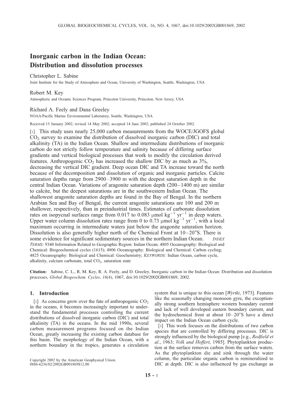 Inorganic Carbon in the Indian Ocean: Distribution and Dissolution Processes Christopher L