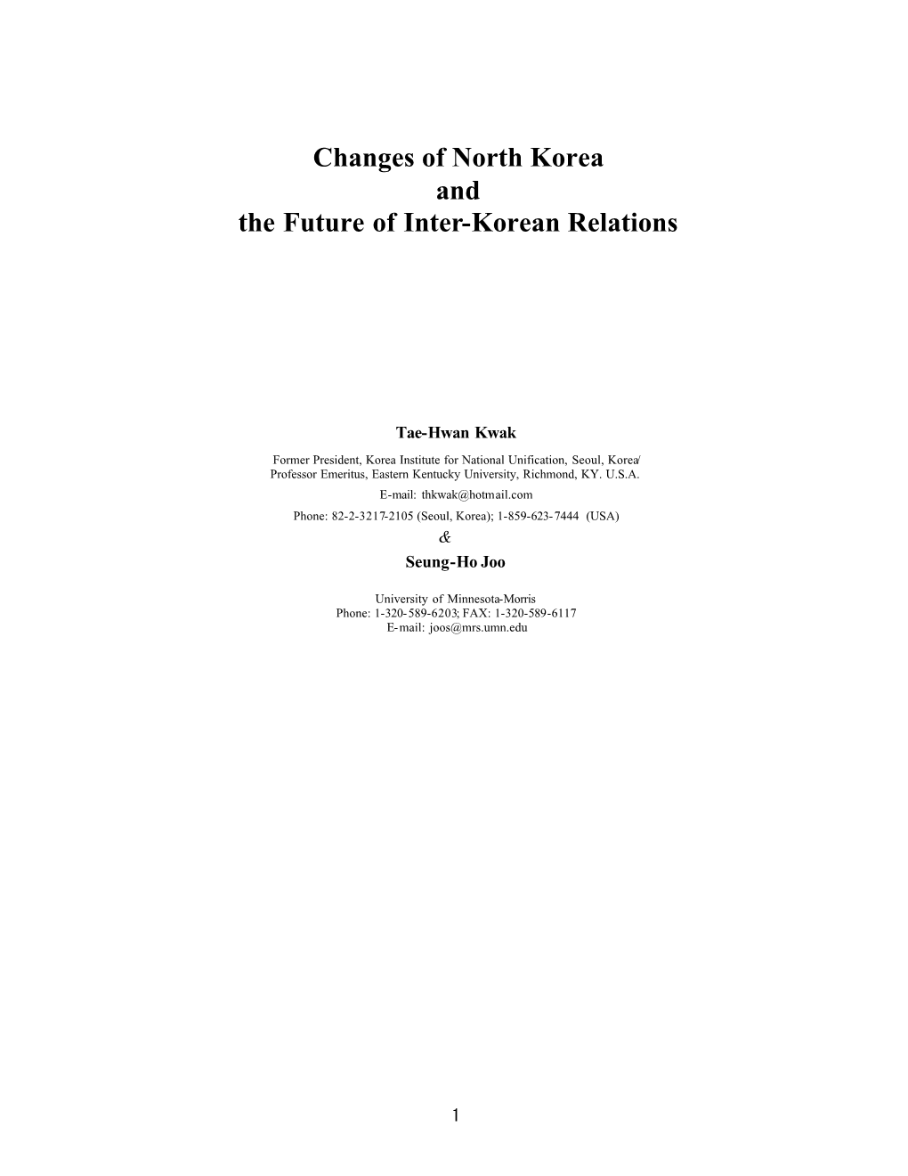 Changes of North Korea and the Future of Inter-Korean Relations